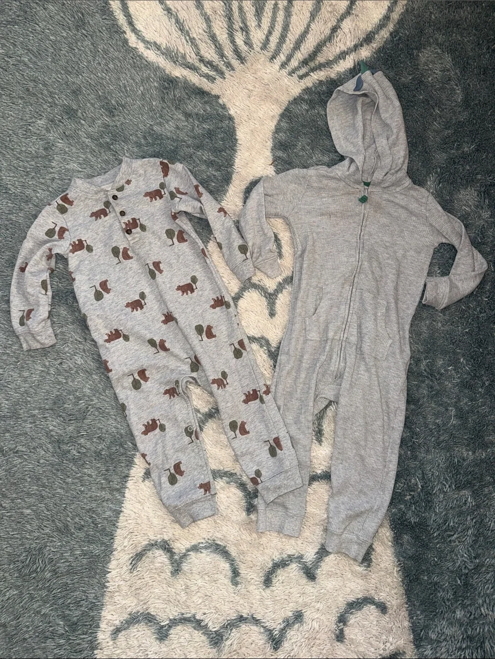 Carter's Grey 🐻 Print & Solid Hooded One-Piece Footies - Bundle of 2 - 24 months